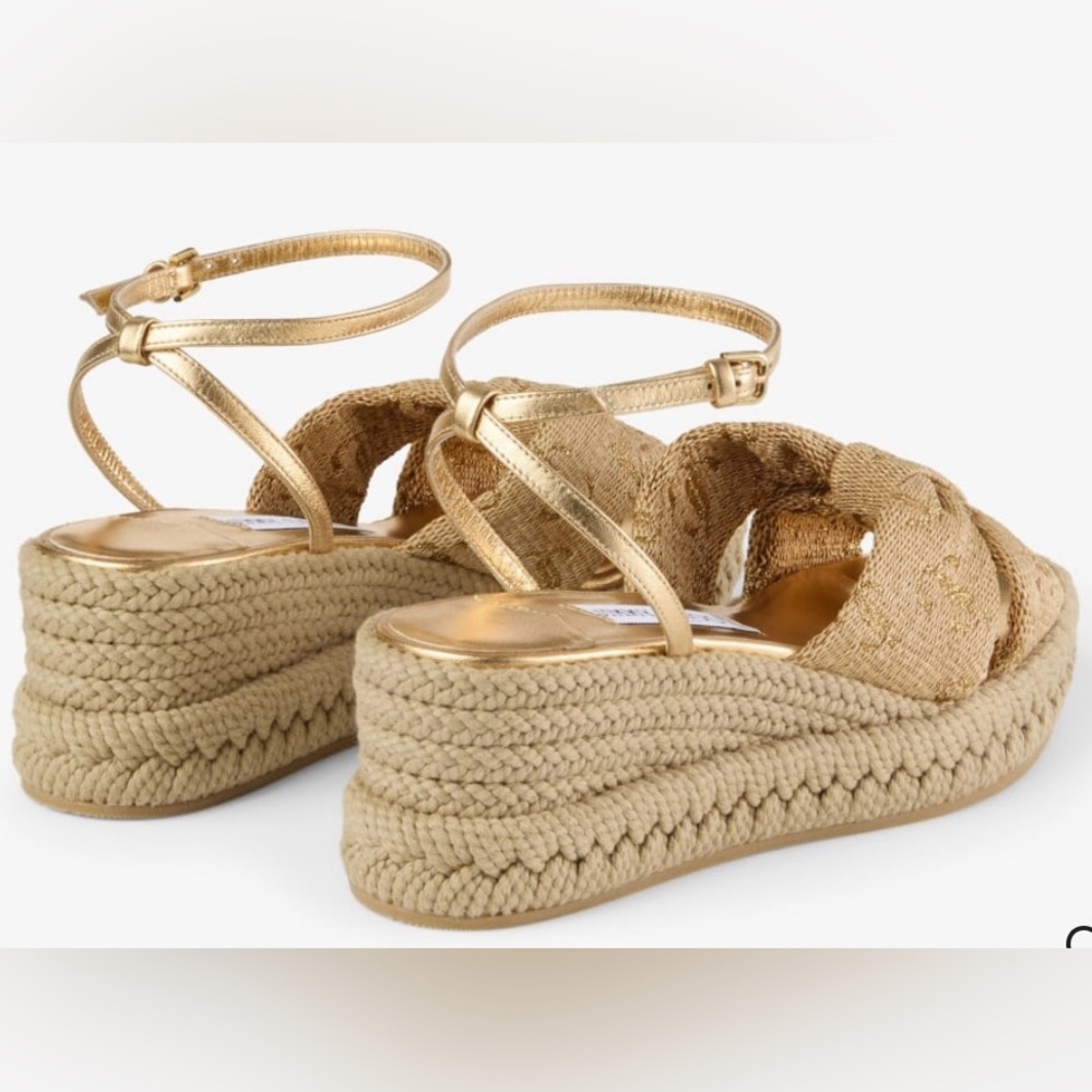 Jimmy Choo Gold Raffia Wedge Sandals - Picture 4 of 12